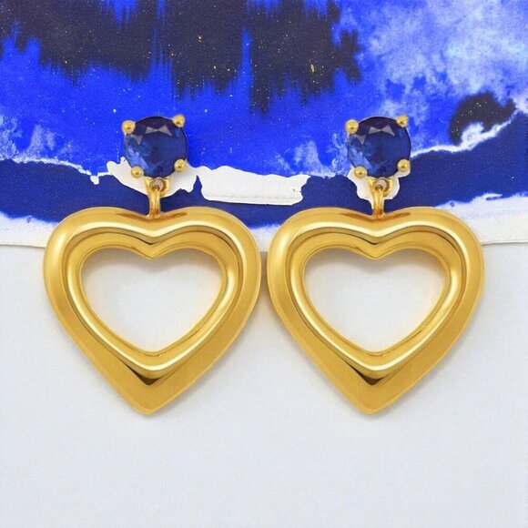 Blue CZ Stud Puffy Heart Dainty 18K Gold Plated Stainless Steel Earrings 💙✨ - Picture 6 of 9